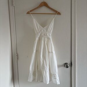 JFW White Boho Midi Dress Size 5 | Smocked Bodice Spaghetti Strap Flowy